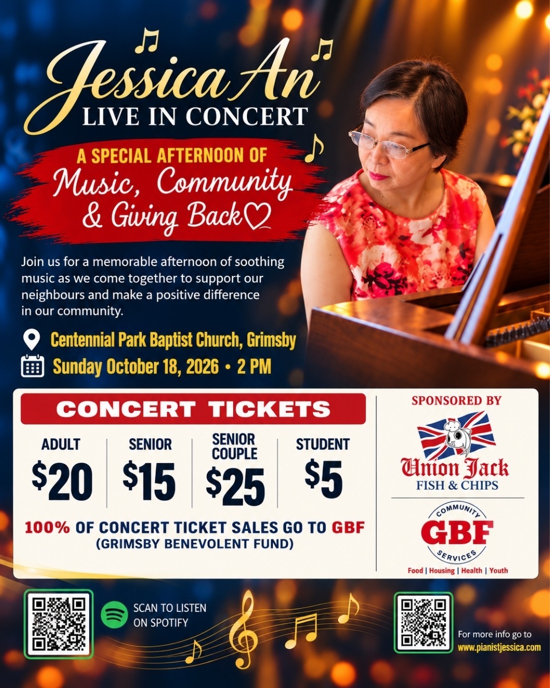 Poster: Jessica An Live in Concert, Sunday October 18, 2026, 2 PM, Centennial Park Baptist Church, Grimsby